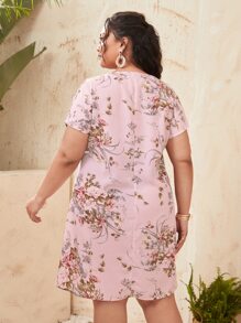 SHEIN LUNE Plus Batwing Sleeve Floral Print Dress - Baby Pink - View 2
