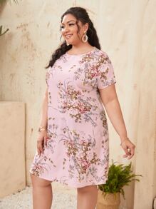 SHEIN LUNE Plus Batwing Sleeve Floral Print Dress - Baby Pink - View 3