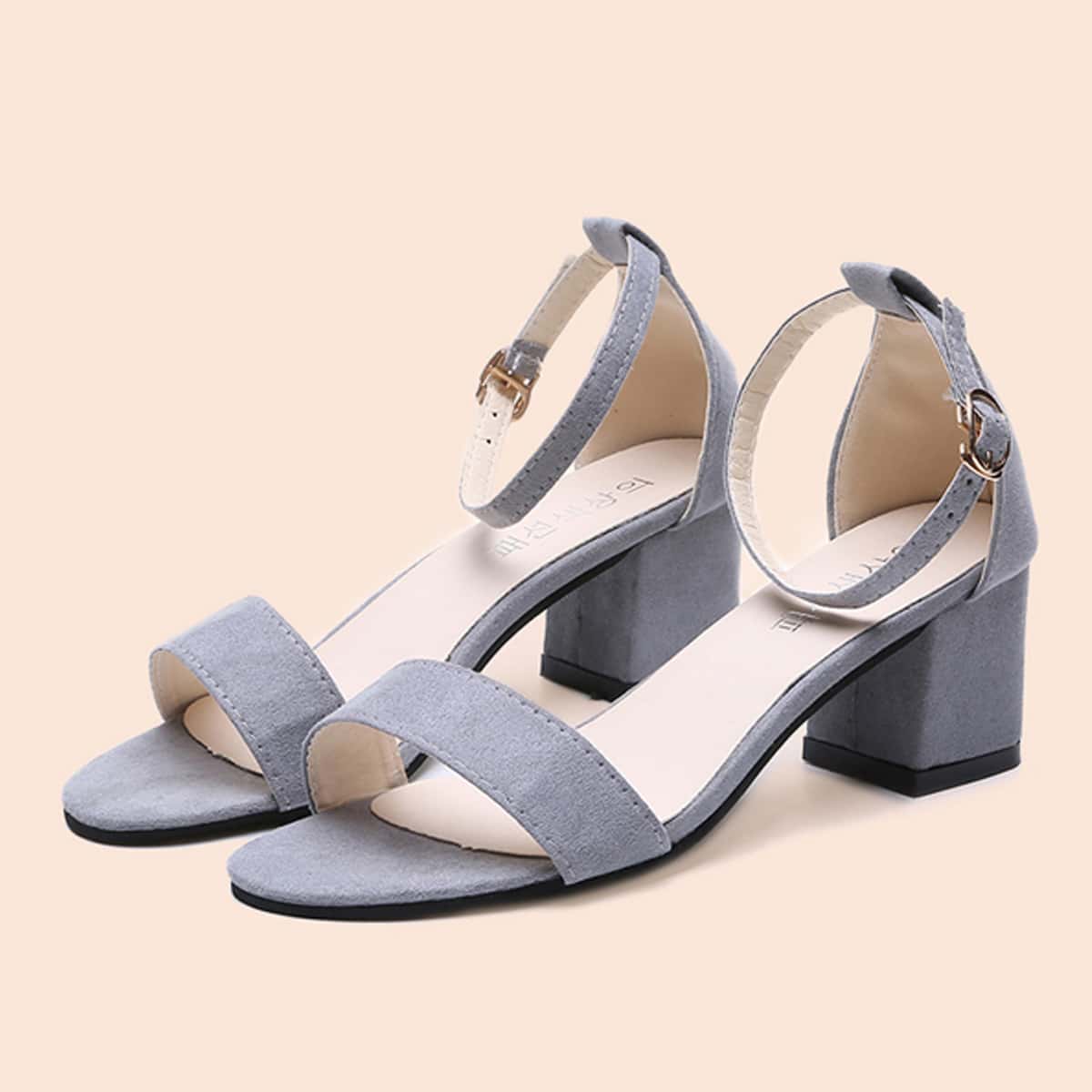 

Chunky Heeled Ankle Strap Sandals, Grey