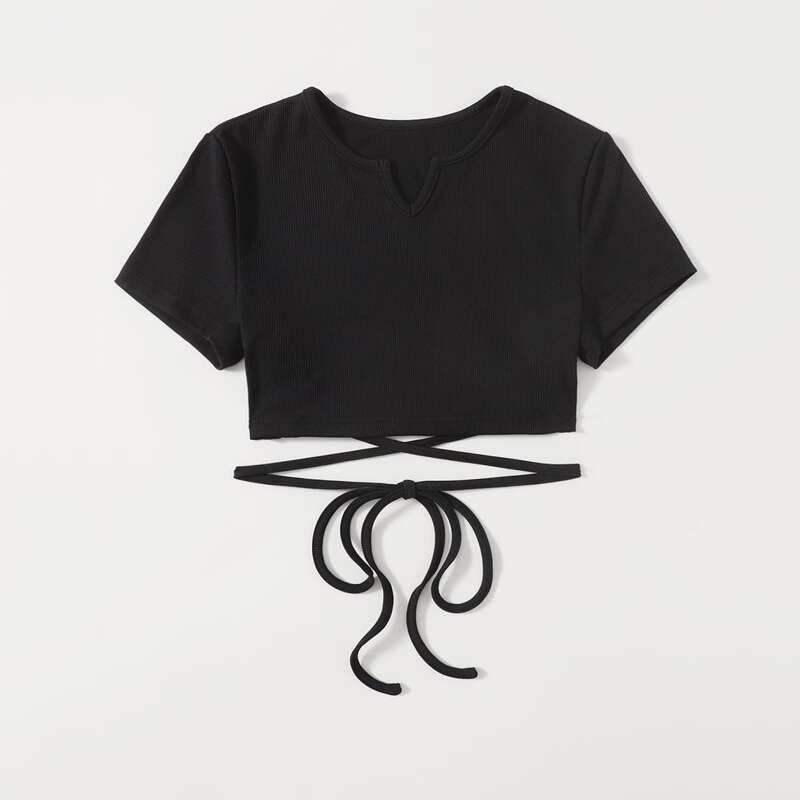 

Solid Criss Cross Ribbed Tee, Black
