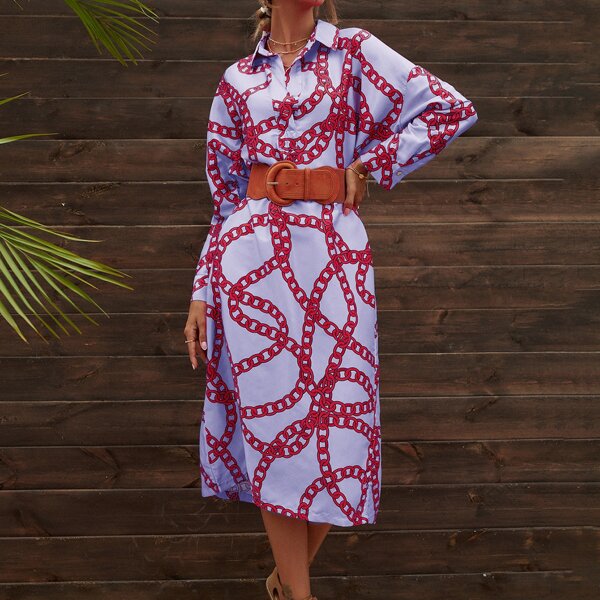 

Chain Print Shirt Dress Without Belt, Multicolor