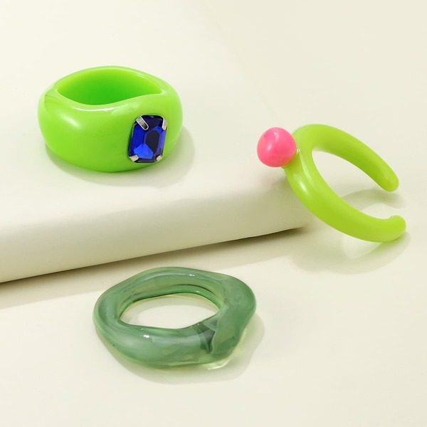

3pcs Rhinestone Decor Ring, Green