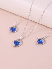 Set de 3 piezas para el Día de San Valentín: Collar y pendientes con forma de corazón azul de circonita cúbica, disponible en varios colores - Azul - Ver 12