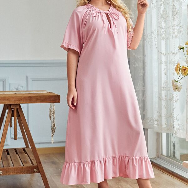 

Plus Tie Neck Ruffle Hem Flounce Sleeve Sleep Dress, Baby pink