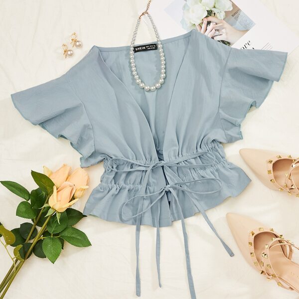 

Tie Front Peplum Top, Dusty blue