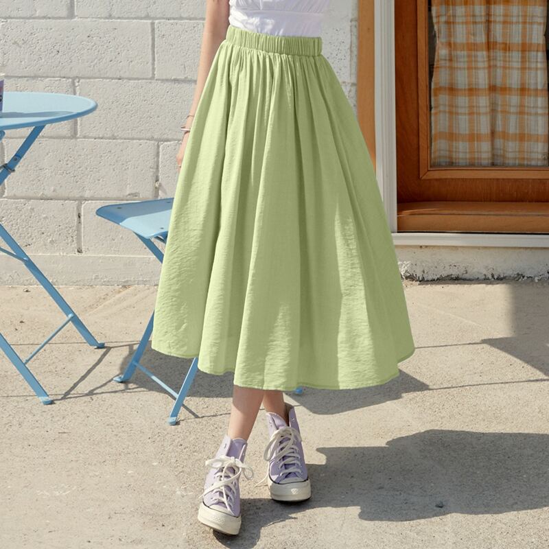 

Solid Elastic Waist Flared Skirt, Lime green