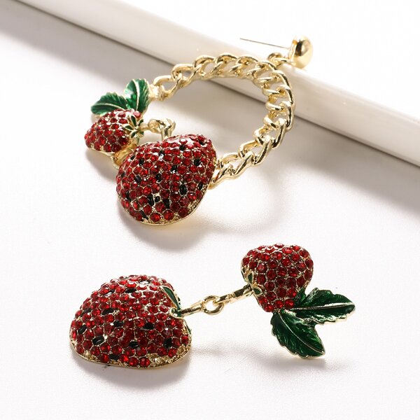 

Rhinestone Strawberry Mismatched Earrings, Red