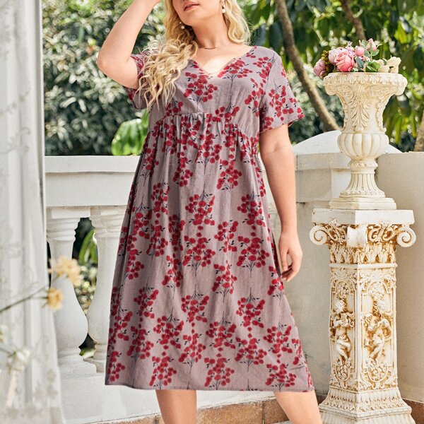 

Plus V-neck Floral Print Night Dress, Mauve purple
