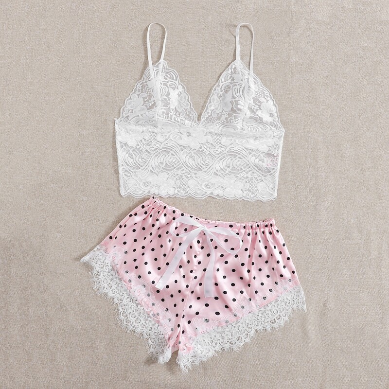 

Polka Dot Contrast Lace Lingerie Set, Pink