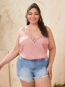 Plus Laser Cut V-neck Cami Top - Baby Pink - View 1