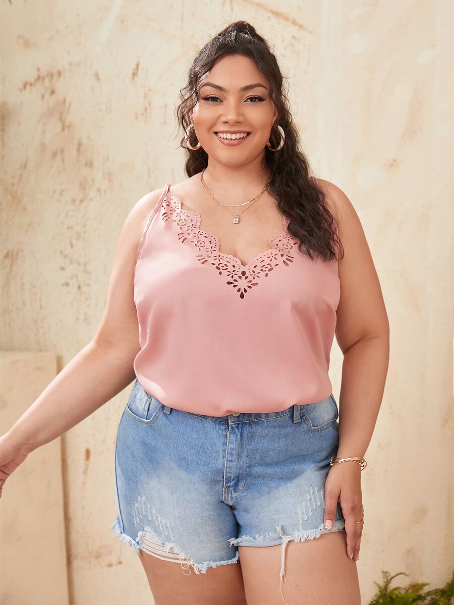 Plus Laser Cut V-neck Cami Top - Baby Pink - View 1