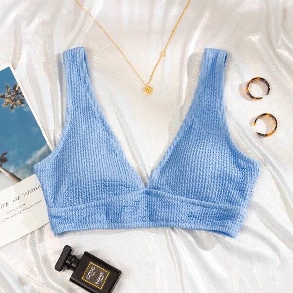 

Textured V Neck Bikini Top, Blue