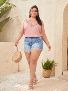 Plus Laser Cut V-neck Cami Top - Baby Pink - View 5