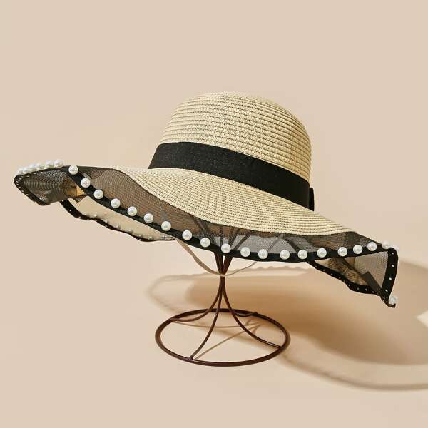 

Faux Pearl Decor Straw Hat, Beige