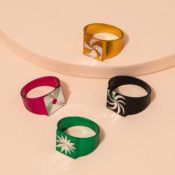 

4pcs Textured Ring, Multicolor