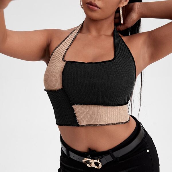 

Plus Two Tone Contrast Stitch Halter Top, Black