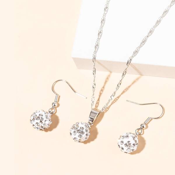 

Rhinestone Decor Ball Charm Necklace & 1pair Drop Earrings, Silver