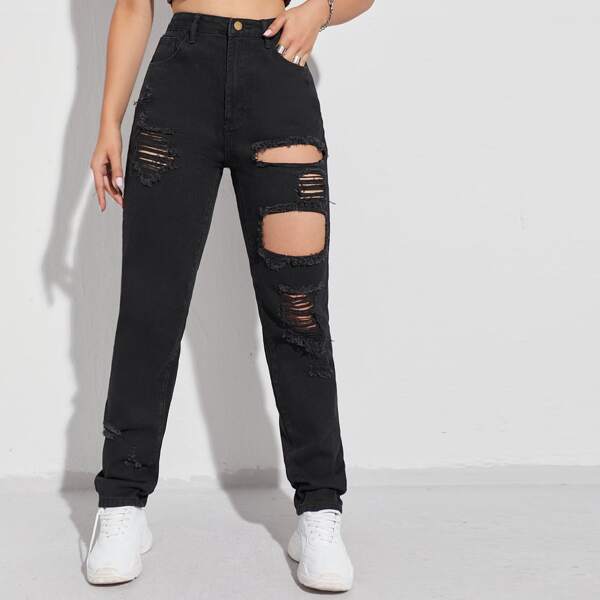 

High Waist Slant Pocket Ripped Straight Jeans, Black