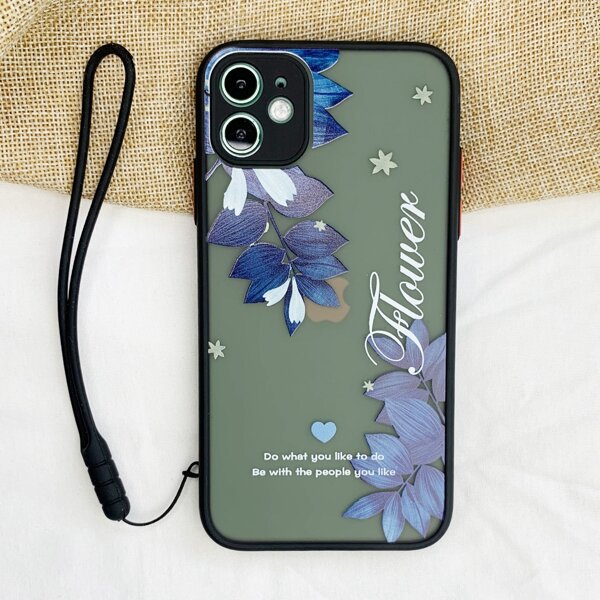 

Flower Pattern Contrast Frame Phone Case With Phone Lanyard, Black