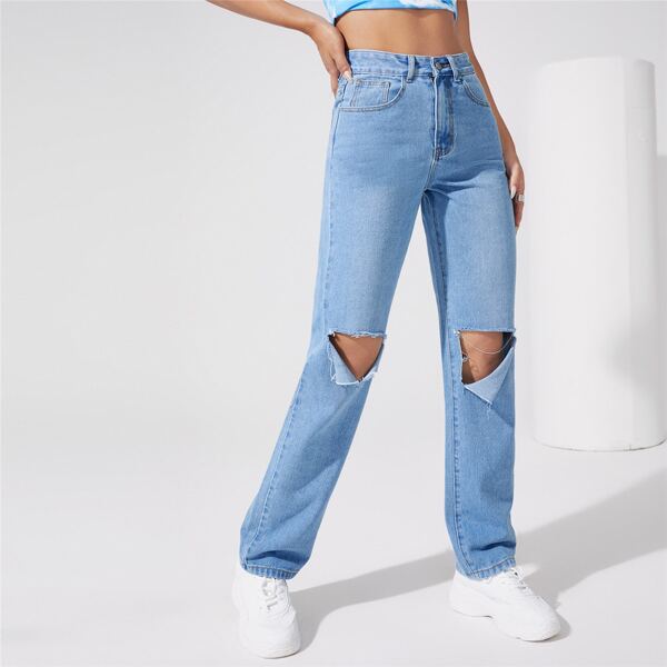 

High Waist Ripped Detail Straight Leg Jeans, Medium wash