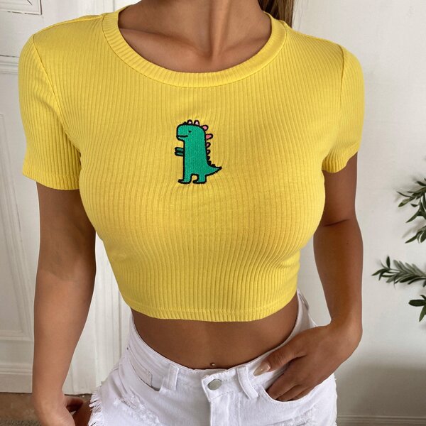 

Cartoon Embroidered Rib-knit Crop Top, Yellow