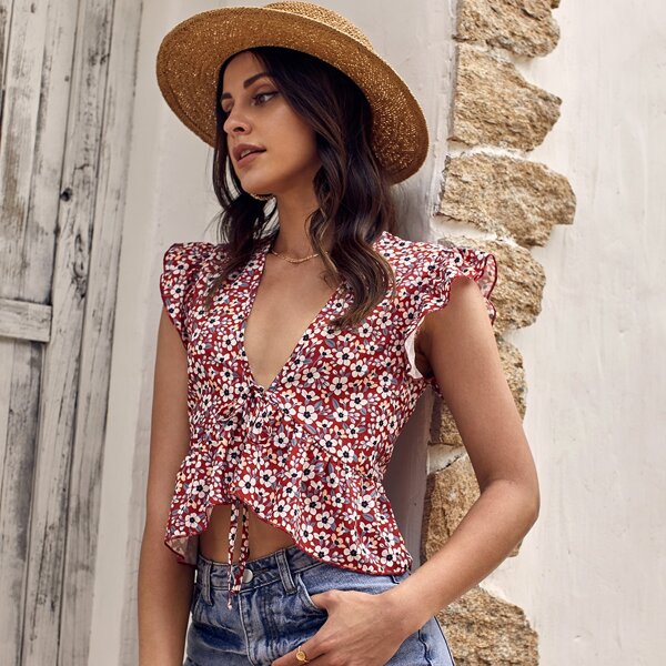 

Ditsy Floral Knot Front Crop Peplum Blouse, Multicolor