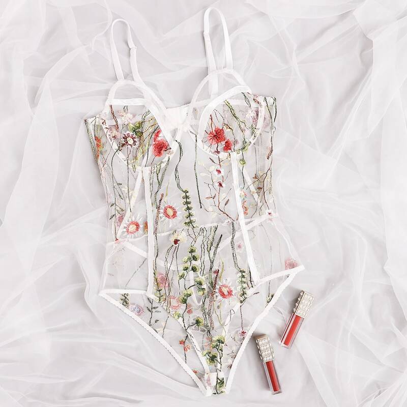 

Floral Embroidered Mesh Teddy Bodysuit, White