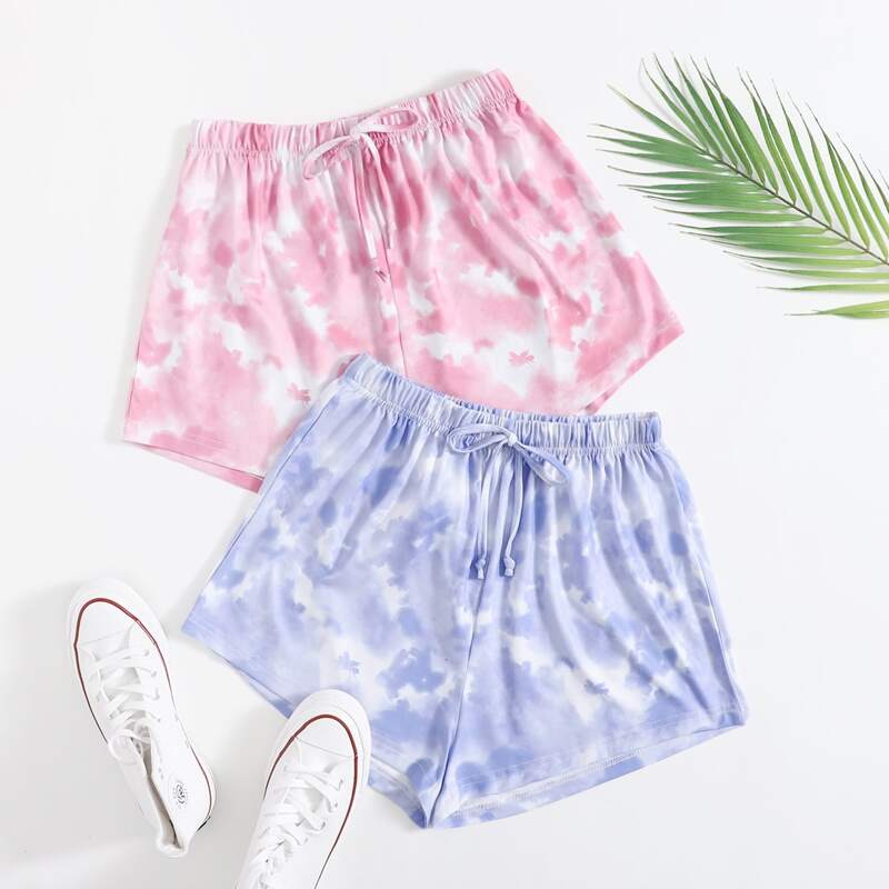 

2pc Knotted Waist Tie Dye Lounge Shorts Set, Multicolor