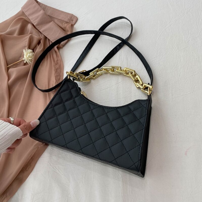 

Quilted Chain Satchel Bag, Black