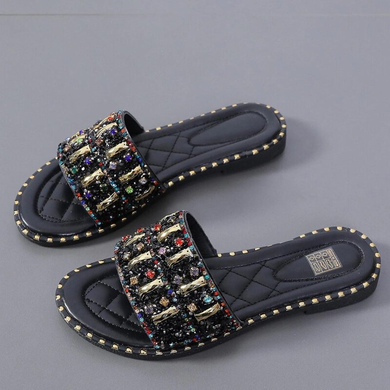 

Rhinestone Band Slide Sandals, Black