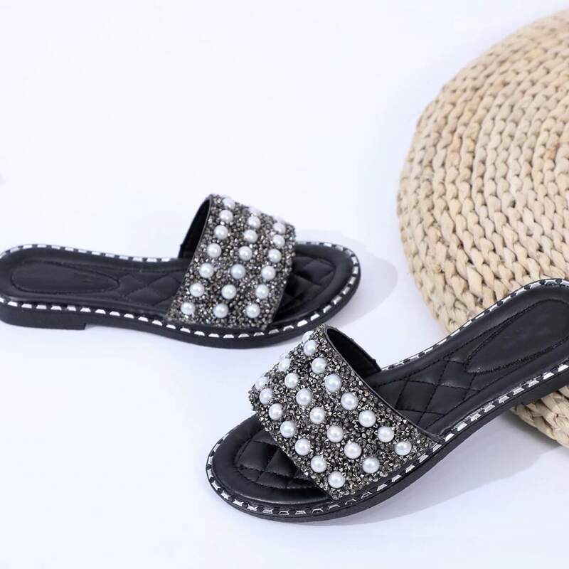 

Faux Pearl & Rhinestone Band Slide Sandals, Black