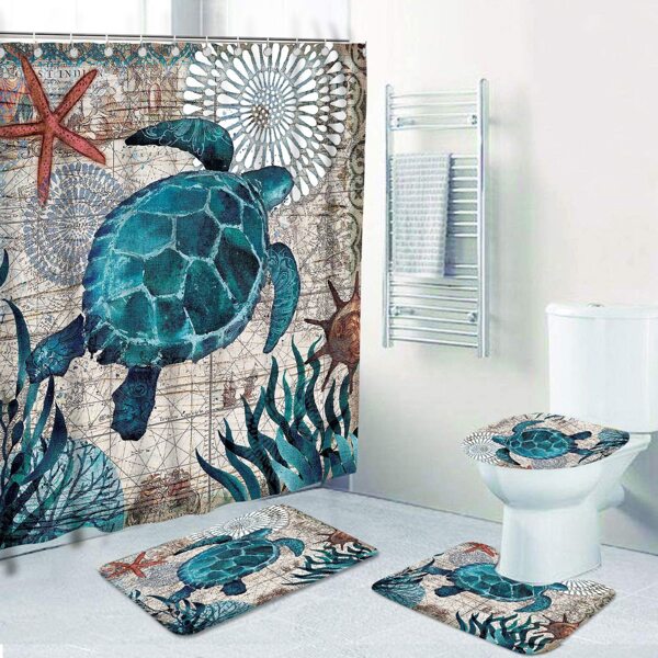 

1pc Sea Turtle Print Shower Curtain Or 1pc Closestool Mat, Multicolor