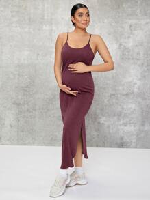 Maternity Curved Hem Solid Dress - Maroon - View 1
