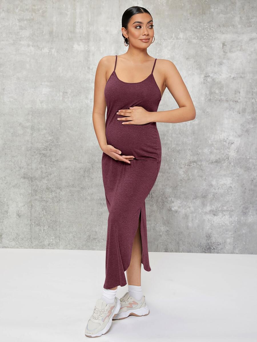 Maternity Curved Hem Solid Dress - Maroon - View 1