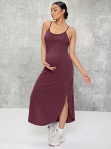Maternity Curved Hem Solid Dress - Maroon - View 4