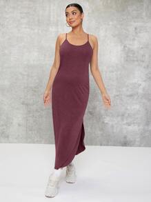 Maternity Curved Hem Solid Dress - Maroon - View 6