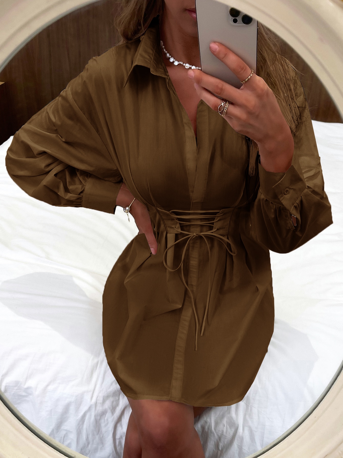 lace up knot front zipper back shirt dress