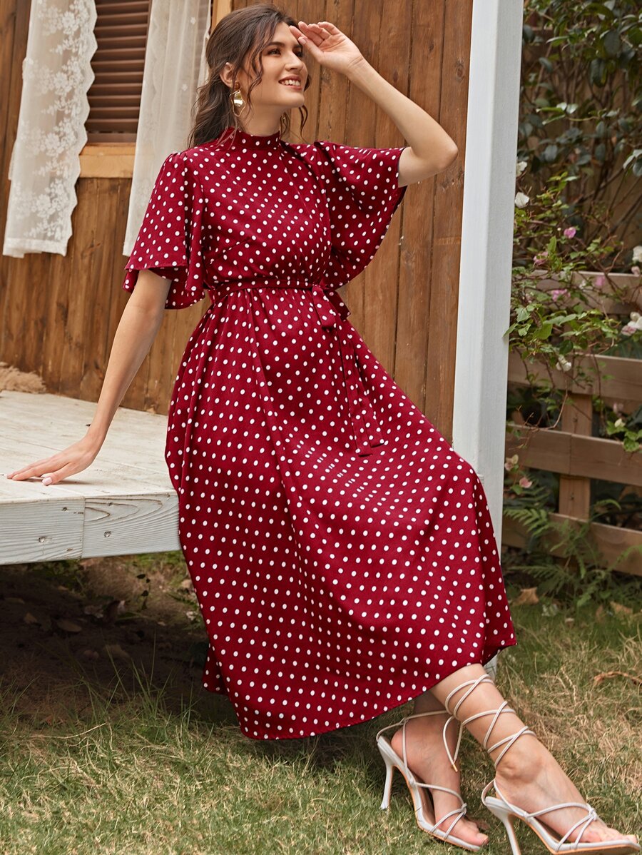 SHEIN Maternity Flutter Sleeve Split Tie Back Polka Dot Dress - Burgundy - View 1