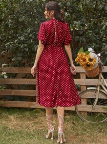 SHEIN Maternity Flutter Sleeve Split Tie Back Polka Dot Dress - Burgundy - View 2