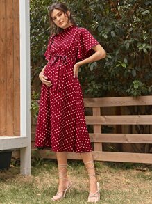 SHEIN Maternity Flutter Sleeve Split Tie Back Polka Dot Dress - Burgundy - View 3