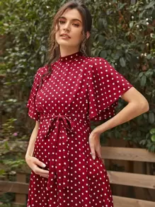 SHEIN Maternity Flutter Sleeve Split Tie Back Polka Dot Dress - Burgundy - View 4