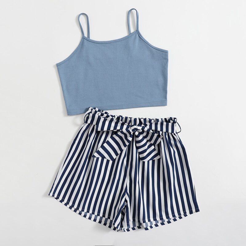 

Solid Crop Cami & Striped Belted Shorts, Multicolor