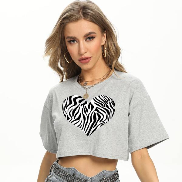 

Zebra Stripe & Heart Print Crop Tee, Light grey
