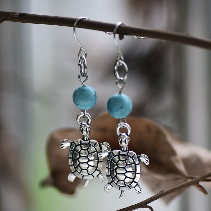 

Turtle Drop Earrings, Silver