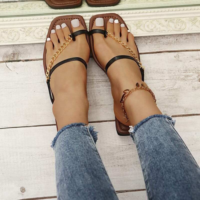 

Toe Ring Chain Strap Slide Sandals, Black