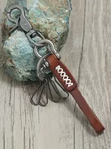 Men PU Leather Decor Keychain - Brown - View 2