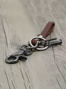 Men PU Leather Decor Keychain - Brown - View 3