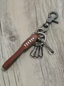 Men PU Leather Decor Keychain - Brown - View 5