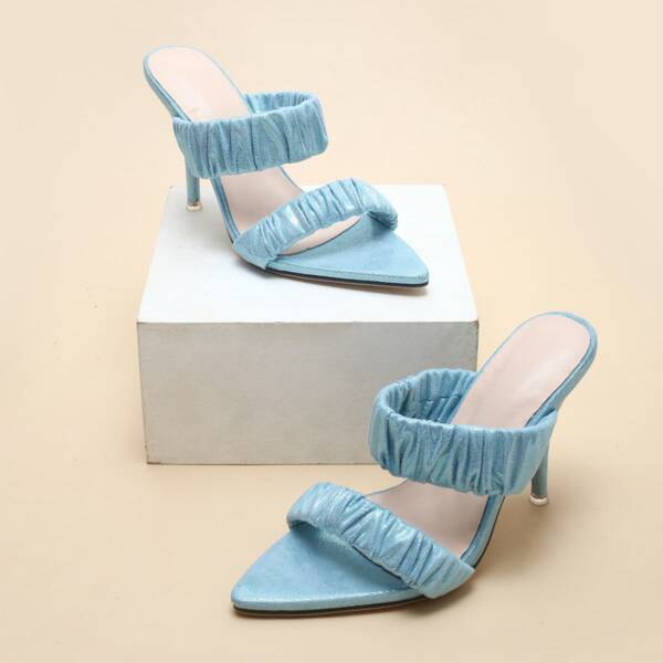 

Ruched Double Strap Stiletto Heeled Mules, Baby blue