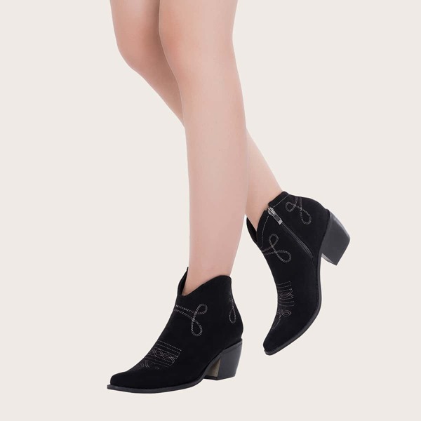 

Stitch Detail Chunky Heeled Boots, Black
